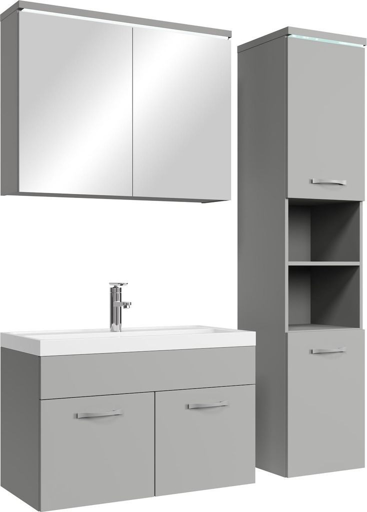 Badplaats Badmöbel Komplettset Paso LED 80 x 40 cm Grau Matt - Badezimmermöbel mit Waschbecken, Spiegelschrank und Badezimmerschrank