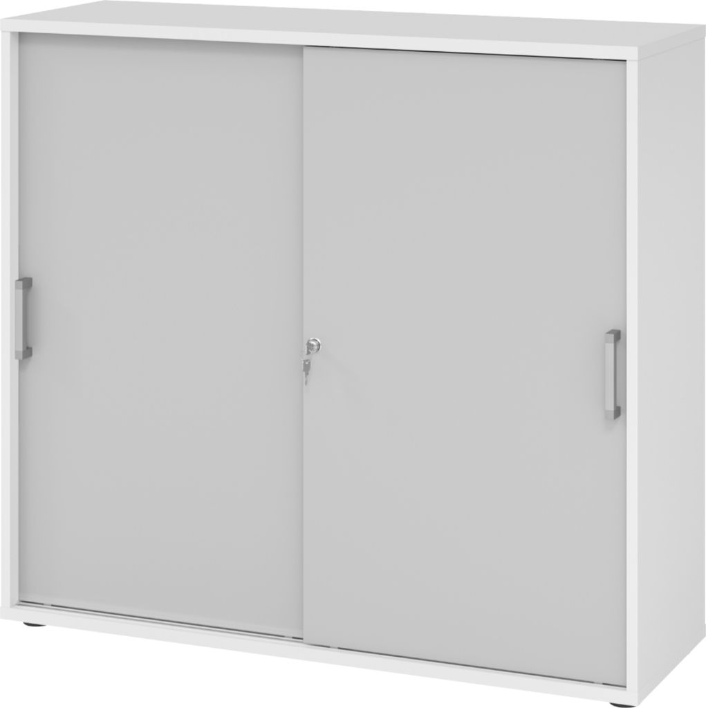 bümö Schiebetürenschrank office - 3 Ordnerhöhen - Griff: Chromgriff (Metall), Nachbildung: Weiß/Grau