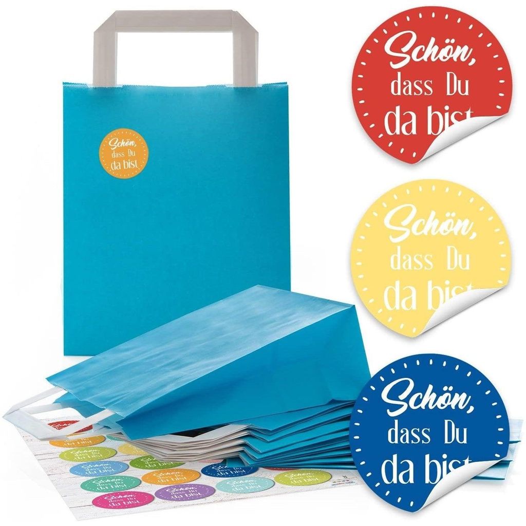 24 blaue Papiertüten Geschenktüten Geschenktaschen Henkel Boden 18 x 8 x 22 cm kleine Papiertaschen + 24 Aufkleber Bayrisch blau weiß kariert So...