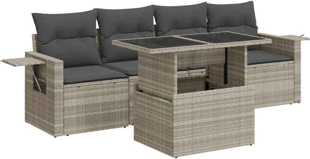 5-tlg. Garten-Sofagarnitur mit Kissen Hellgrau Poly Rattan