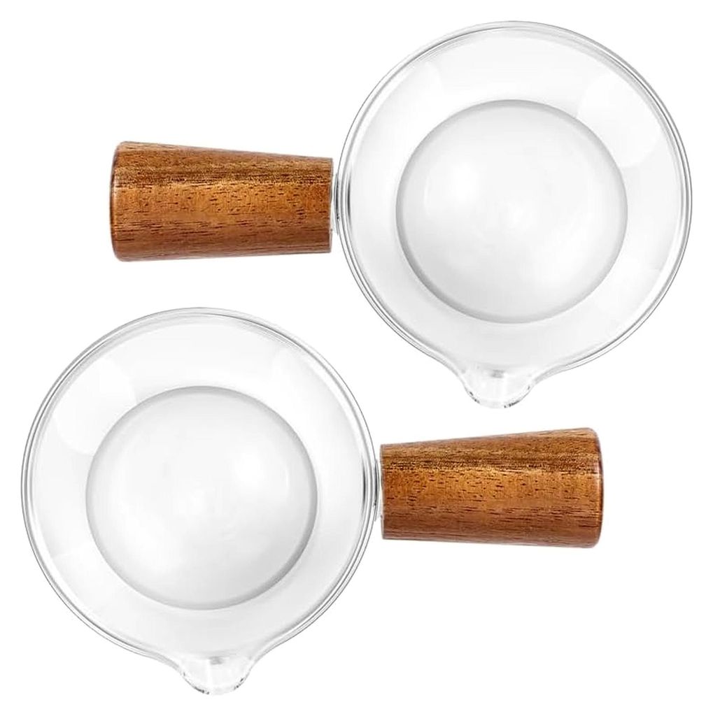 2 Stück Glas-Milchbecher mit Holzgriff, Mini Saucenschale, kleine Espressotassen für Kaffee, Tee, Ahornsirup, Honigsauce, Servieren - 50ML