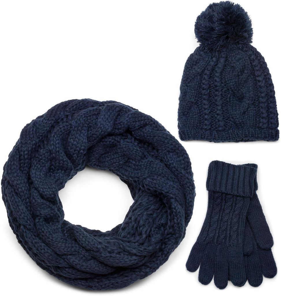 styleBREAKER Schal, Mütze und Handschuh Set, Zopfmuster Strickschal mit Bommelmütze und Handschuhe, Damen 01018208