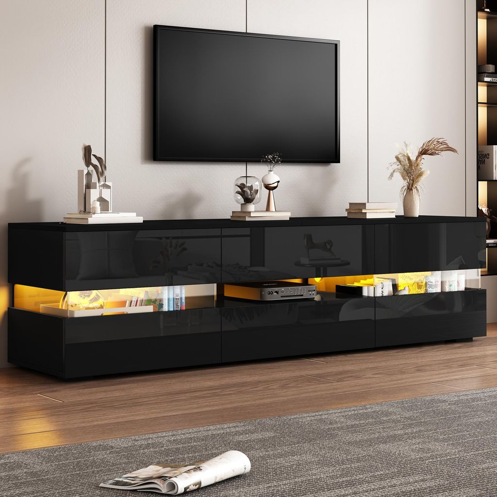 Merax Hochglanz TV-Schrank mit LED, TV Lowboard mit Acryl-Glaseinsatz, Wohnzimmerschrank mit 2 Türen und 1 Schublade, für 70-Zoll-Fernseher, Schwarz