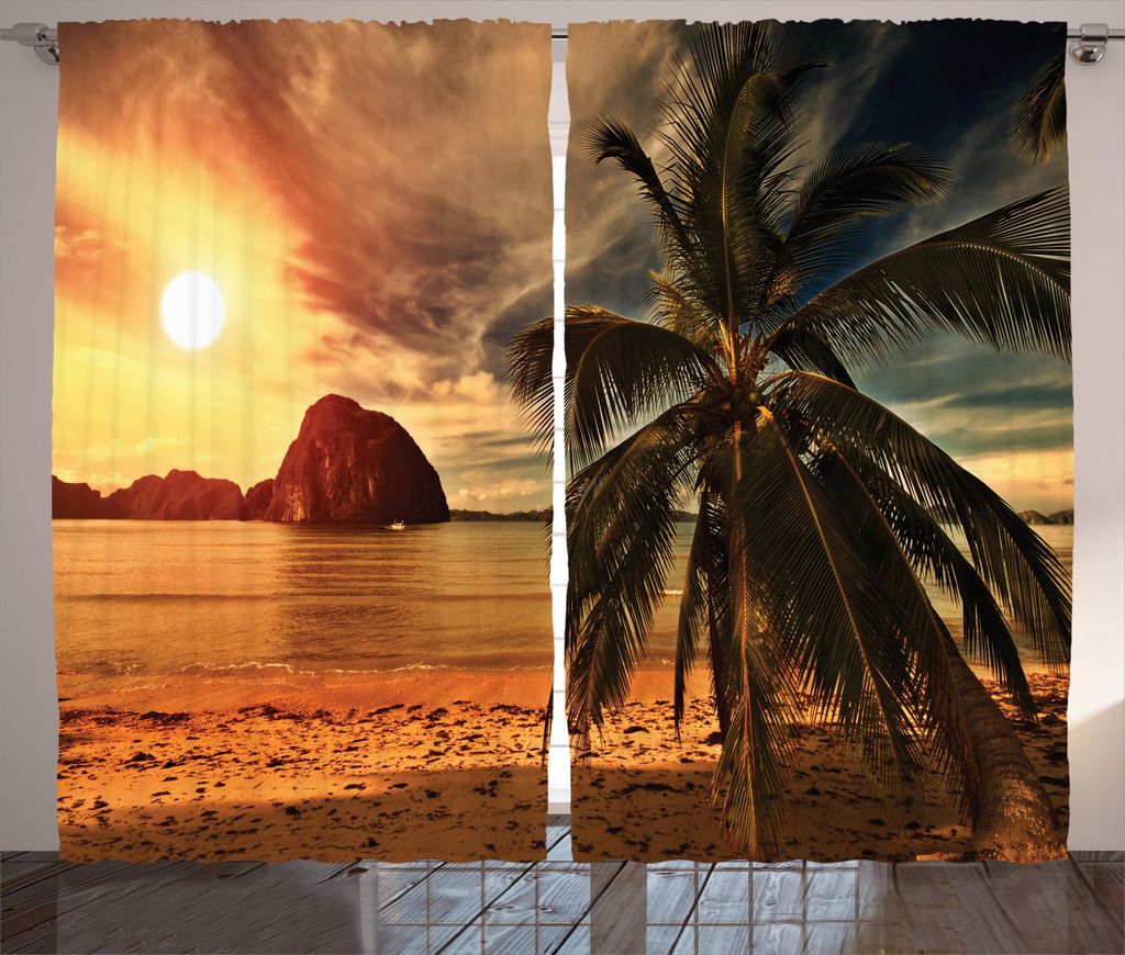 ABAKUHAUS Wendekreis Rustikaler Vorhang, Kokospalme Strand, Wohnzimmer Universalband Gardinen mit Schlaufen und Haken, 280 x 245 cm, Orange und Oli...