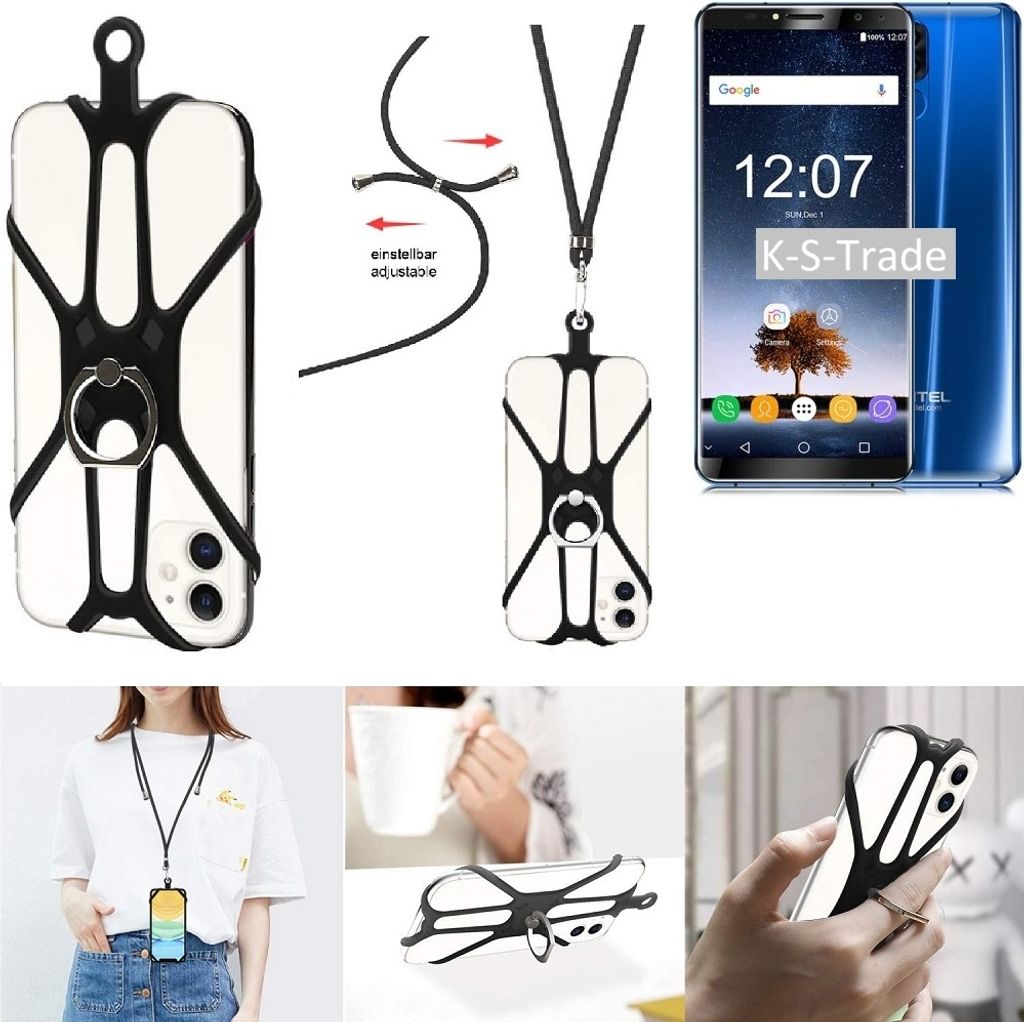 K-S-Trade 3in1 Handykette Handyband Handykordel Halsband Smartphone-Ring Handy-Ring kompatibel mit Oukitel K6 Fingerhalterung Handyring Tischständer