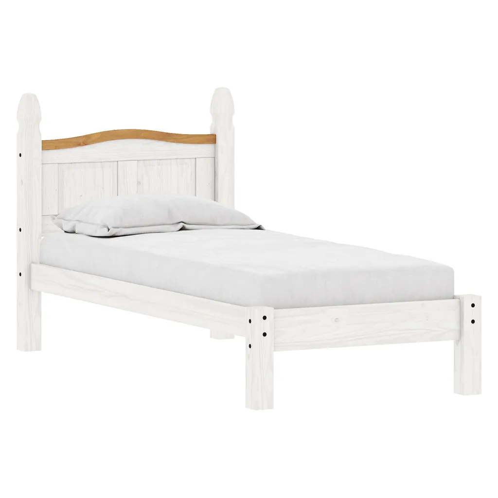 Lit simple blanc cire CORONA en pin avec détails fer forgé style rustique
