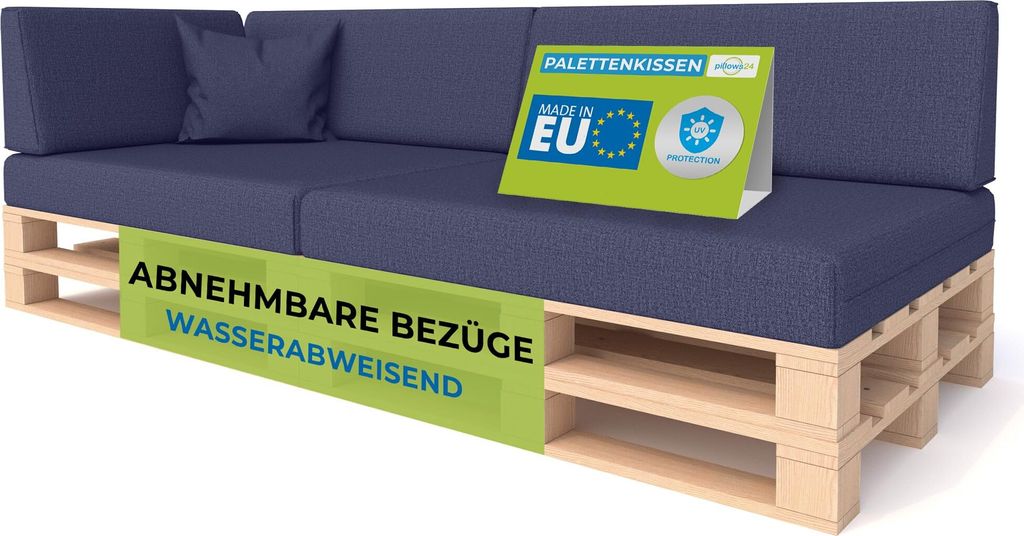 Pillows24 - Palettenkissen mit abnehmbarem Bezug - 6ER SET | Polster für Europaletten 120x80 Sofa - Wasserfest - Outdoor/Indoor | Blau
