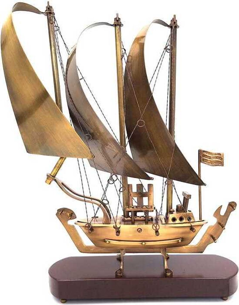 Großes Messingboot auf Holzsockel - 38 cm - N-3615B