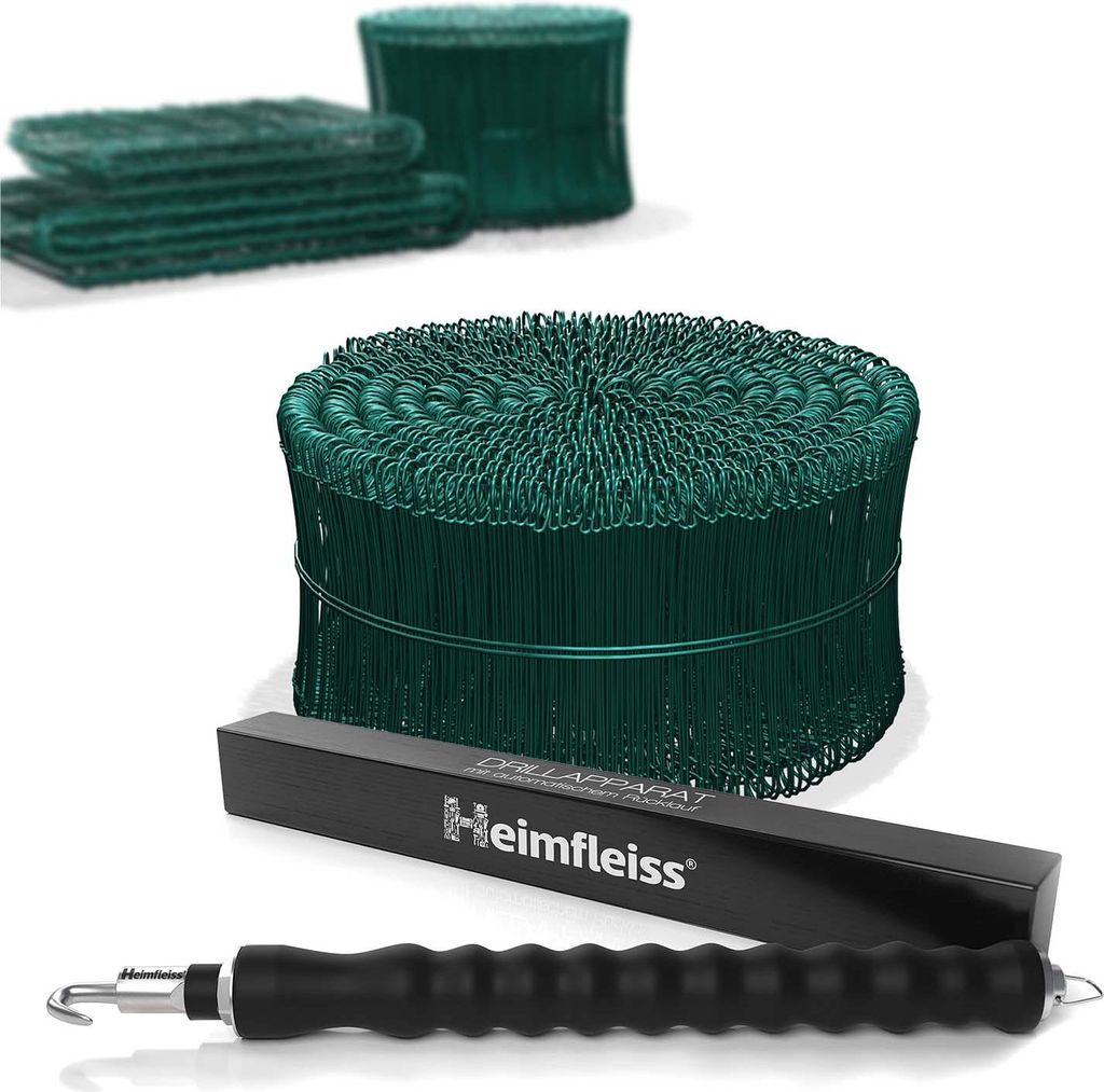 Heimfleiss Drillapparat + Ösendraht Betonbindedraht 1,4 x 100 mm (1000 Stk.) - PVC ummantelter Rödeldraht Set in grün - Bindedraht für Draht ...