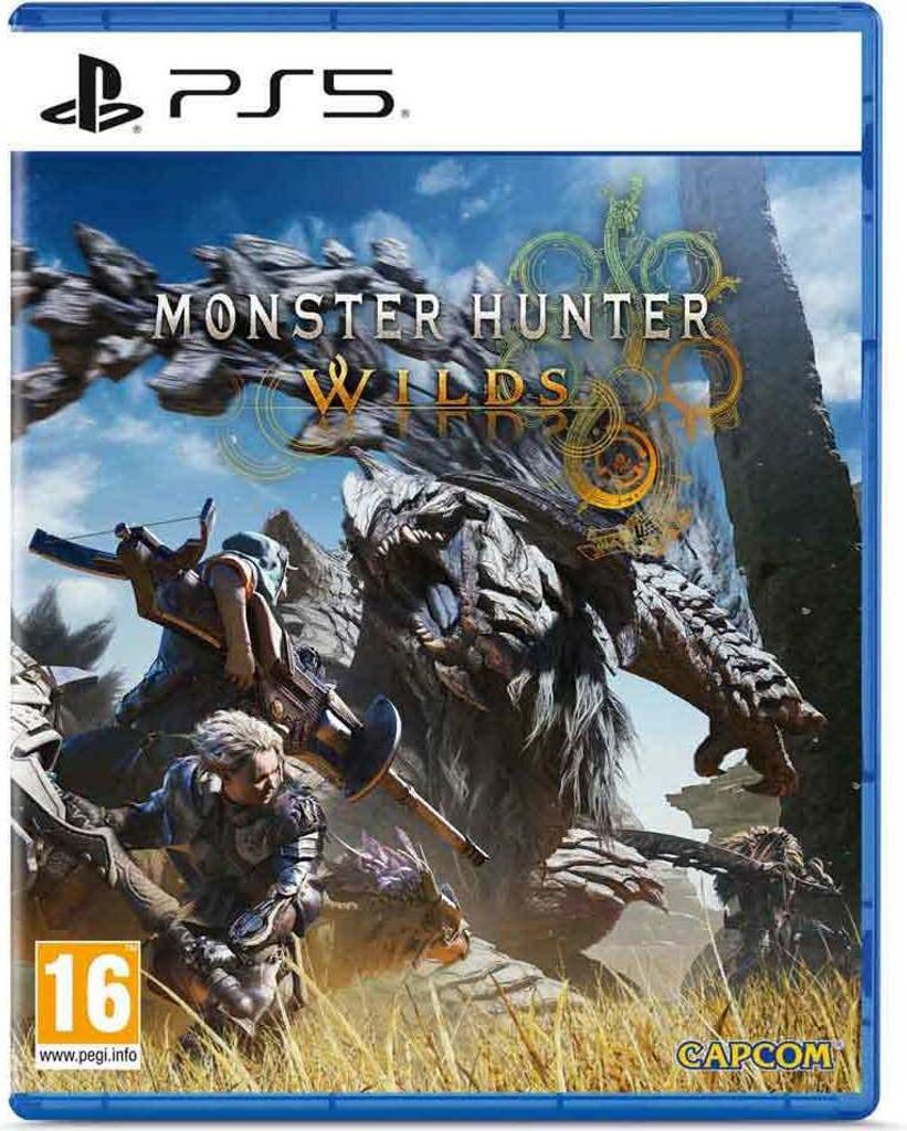 The image shows the front cover of a PlayStation 5 game case for Monster Hunter Wilds.