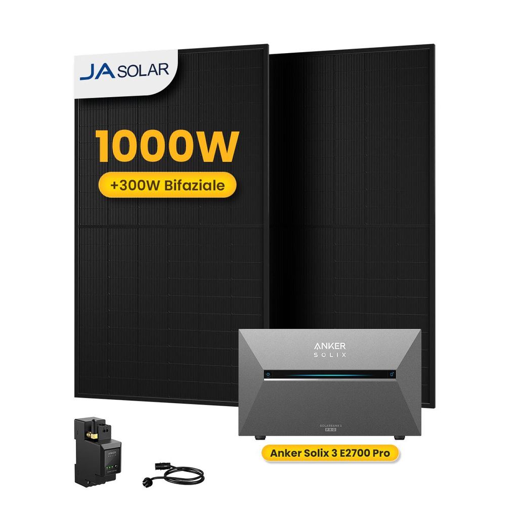 Powerness Balkonkraftwerk mit Speicher,Anker SOLIX Solarbank 3 E2700 Pro mit 2x JA Solar Full Black Bifazialen 500W Module(1000W) & Anker Smart M...