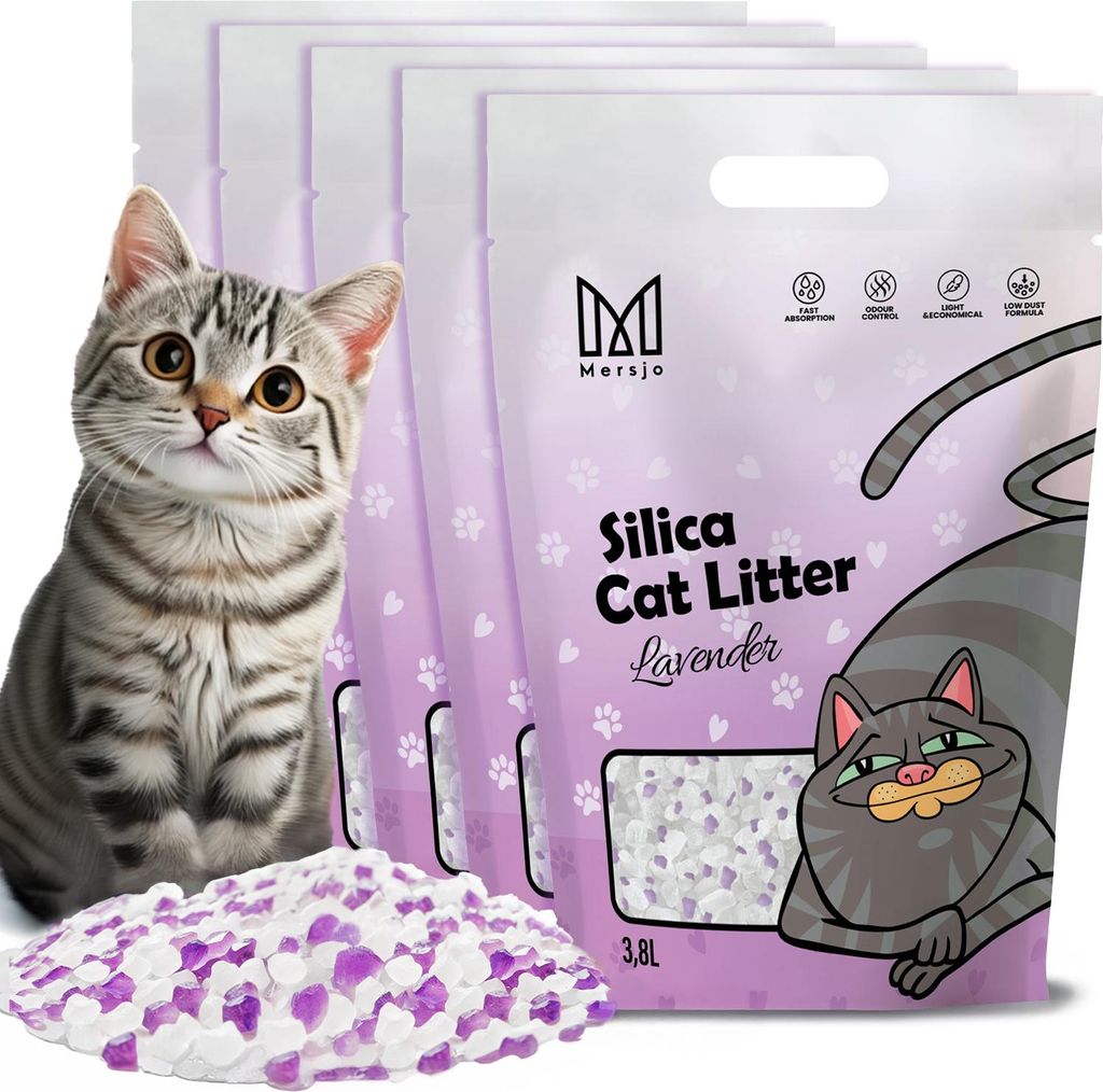 Multiple bags of silica cat litter with a pile of the product in the foreground and a cat illustration on the packaging.