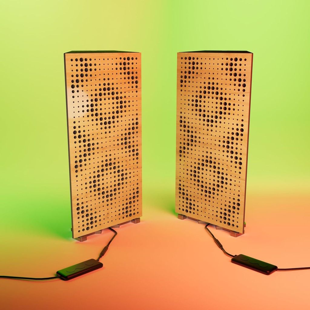2er-Pack schmale Bassfallen "REBAT" mit RGB-Schreibtischlampe | Mobiler Ständer mit LED-Tischfuß | 23x50x10 cm | Farbe: Eiche