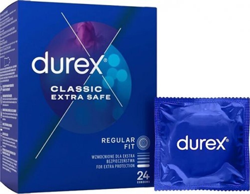 A box of Durex condoms and one individually wrapped condom.