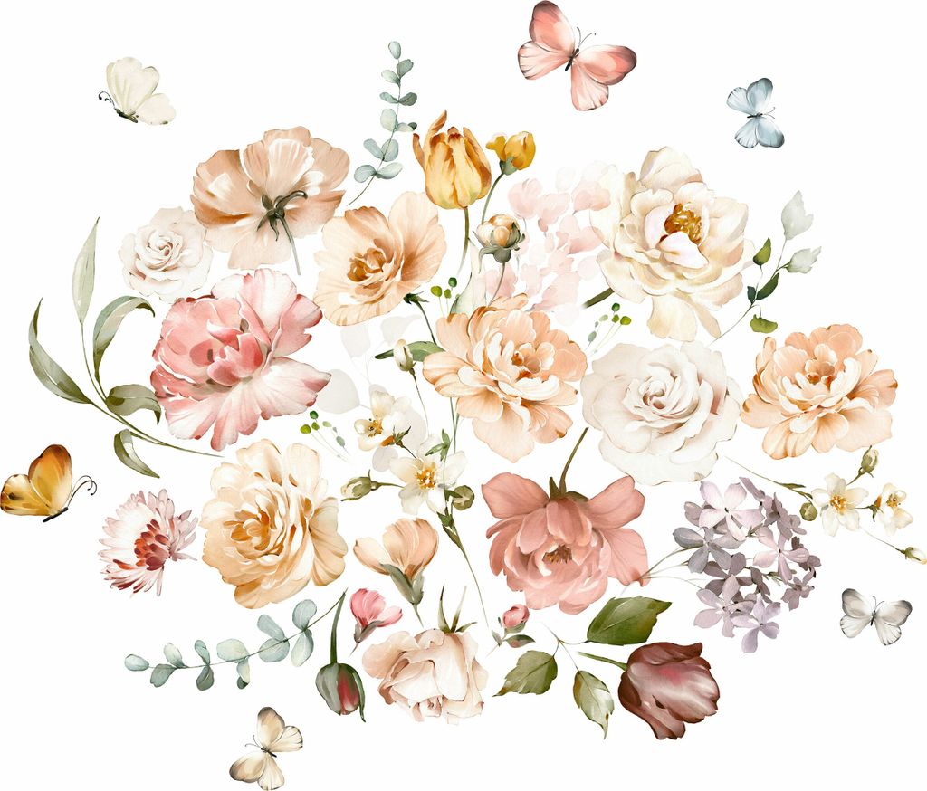 Muralo Wandaufkleber Blumen Blätter Schmetterlinge Natur Wandtattoo Wandsticker 60x30cm