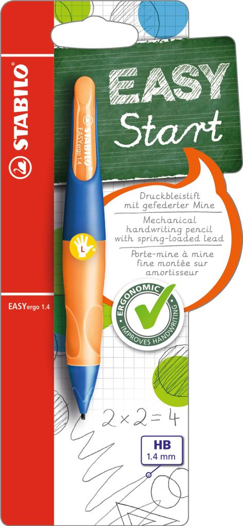 Ergonomischer Druck-Bleistift für Linkshänder - STABILO EASYergo 1.4 in ultramarinblau/neonorange - Einzelstift - inklusive 3 dünner Minen - Hä...