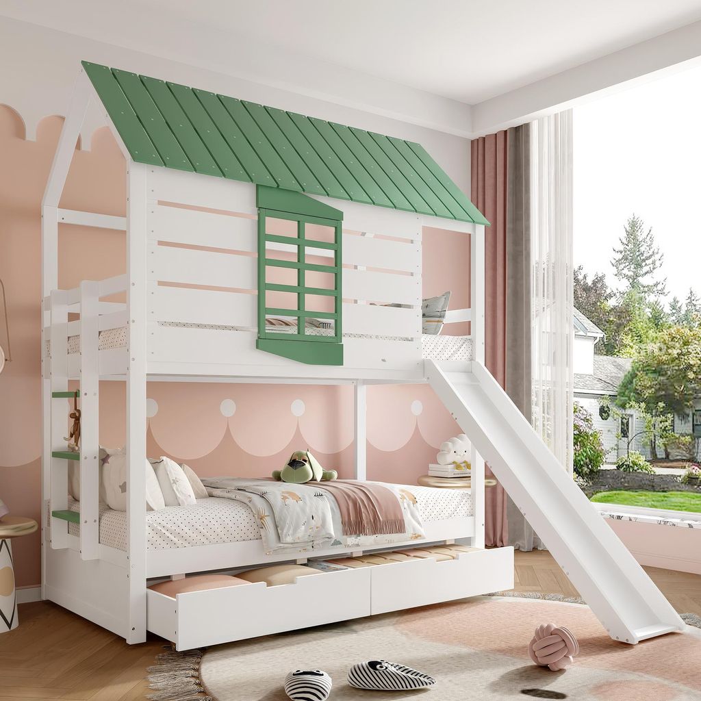 Merax Haus-Etagenbett 90x200 mit Rutsche und 2 Schubladen, Kinderbett, Jugendbett aus Holz für 2 Kinder, Stockbett Hochbett, Weiß+Grün
