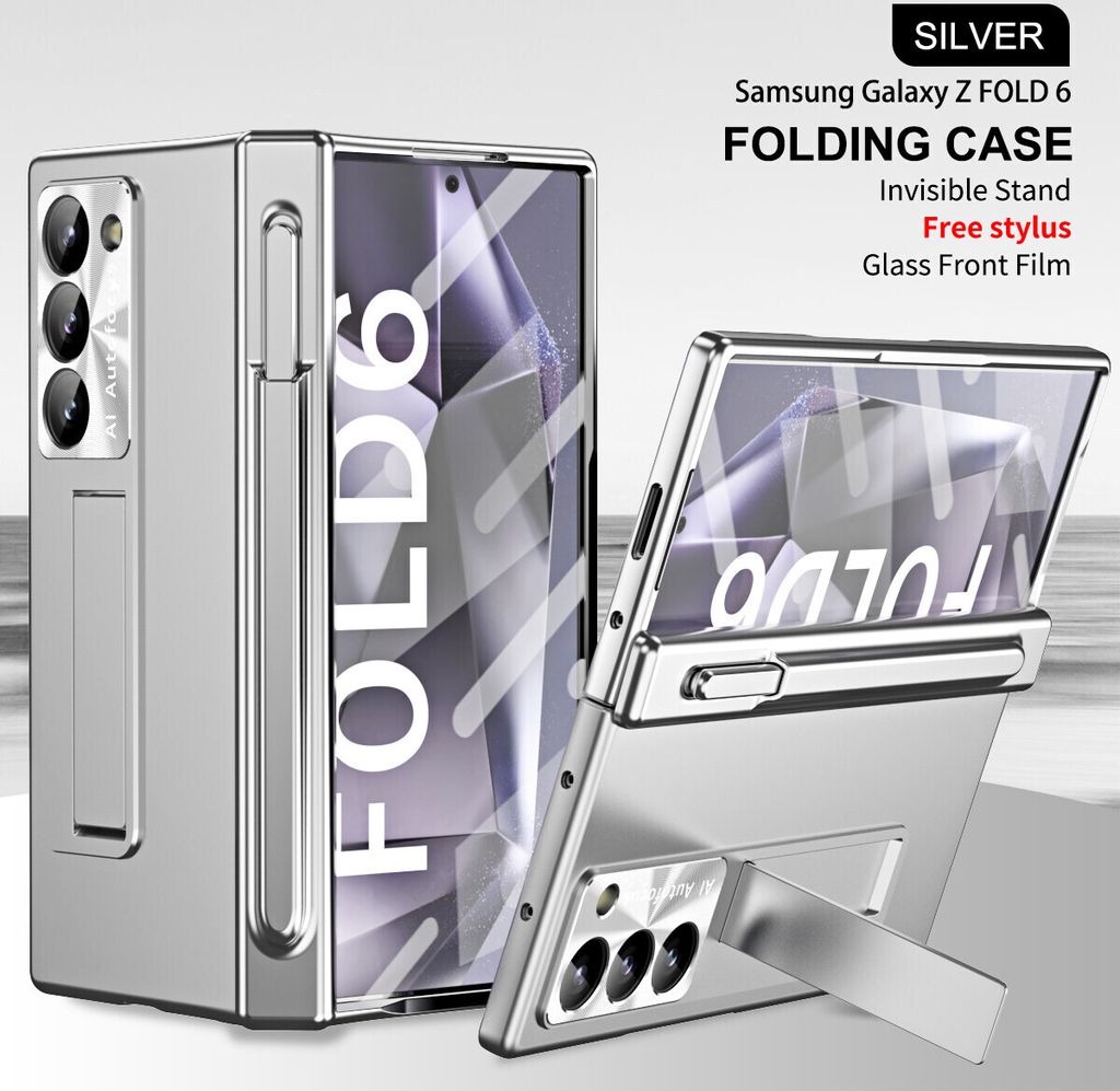 Hülle für Samsung Galaxy Z Fold 6 Magnet Scharnierschutz Stifthalter, Überzug PC Schutzhülle mit Objektivschutz, Displayschutz Silber