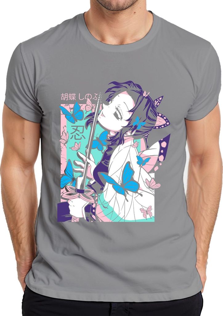 Demon Slayer 胡蝶しのぶ Shinobu Kocho Schmetterling Katana Anime Herren T-Shirt, Grau, XL