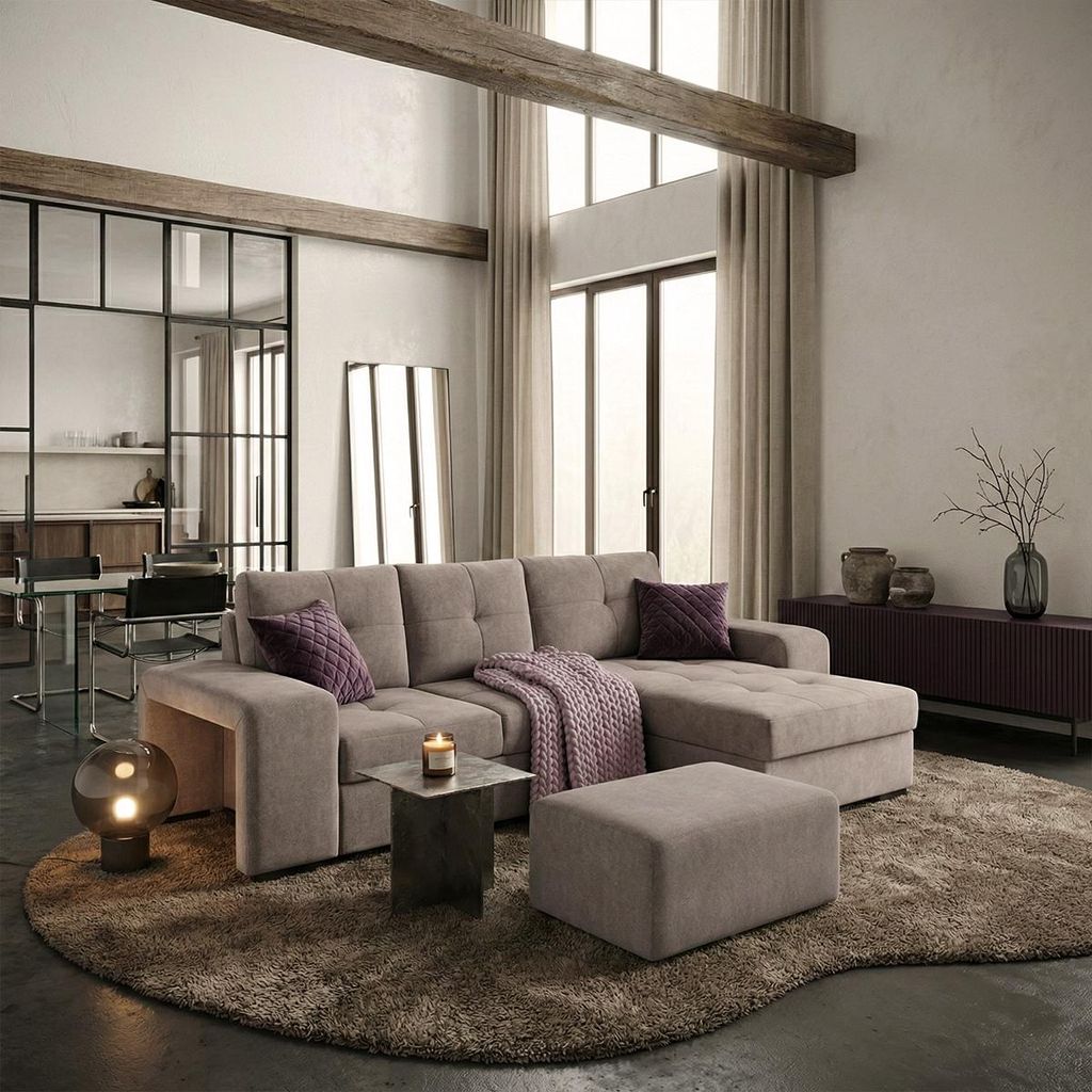 3-Sitzer Schlafsofa mit rechter Ottomane, Stauraum und Pouf Kava - Dunkel Grau