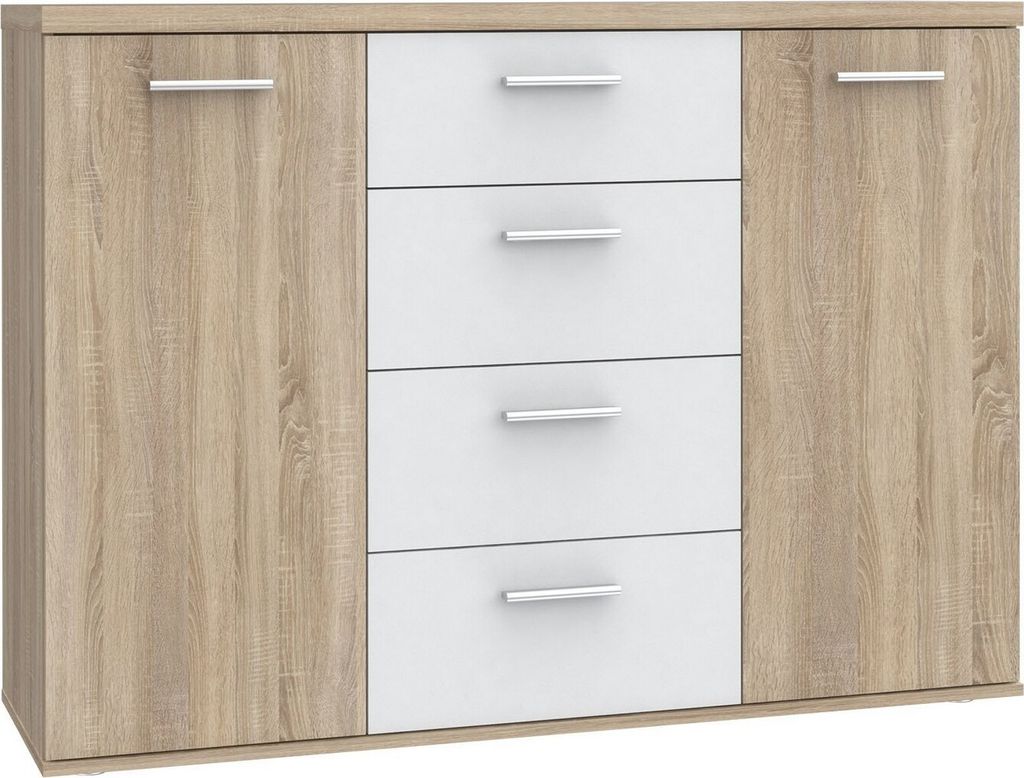 A front view of a wooden and white sideboard with four drawers and two doors.