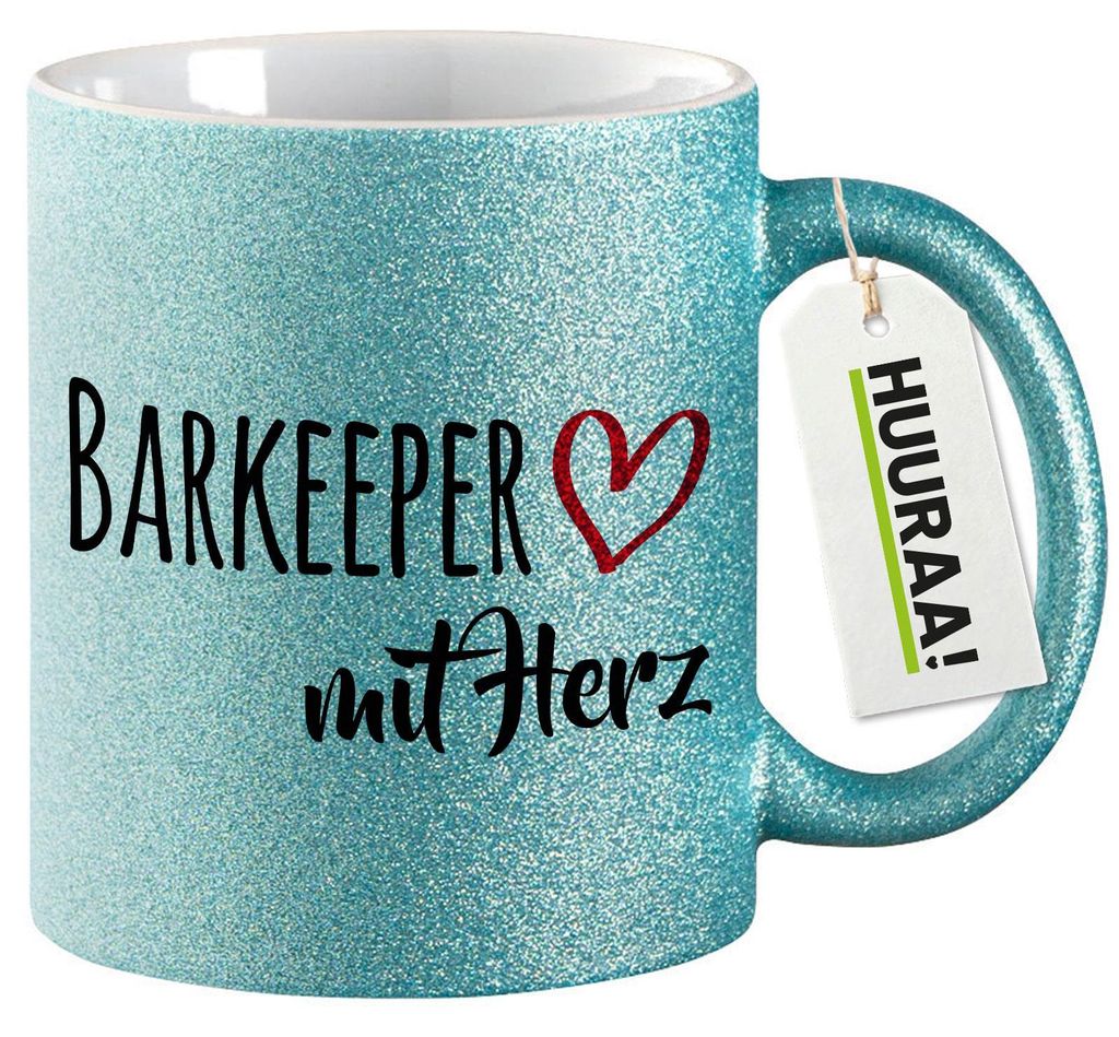Huuraa Glitzertasse Barkeeper mit Herz 330ml Blau Keramik Kaffeebecher Geschenkidee