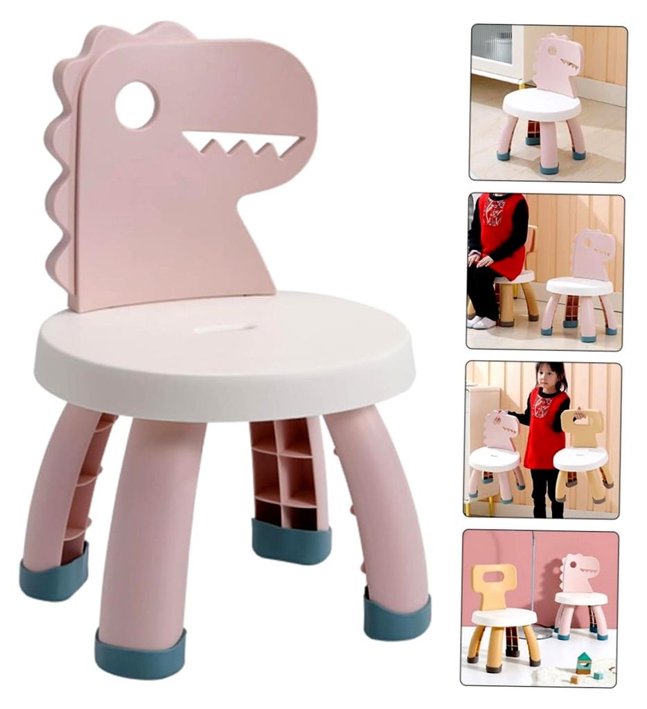 Kleinkindstuhl mit Rückenlehne aus PP-Kunststoff im Dinosaurier-Design für Zuhause und Kindergarten, stabiles Sitzmöbel in Pink