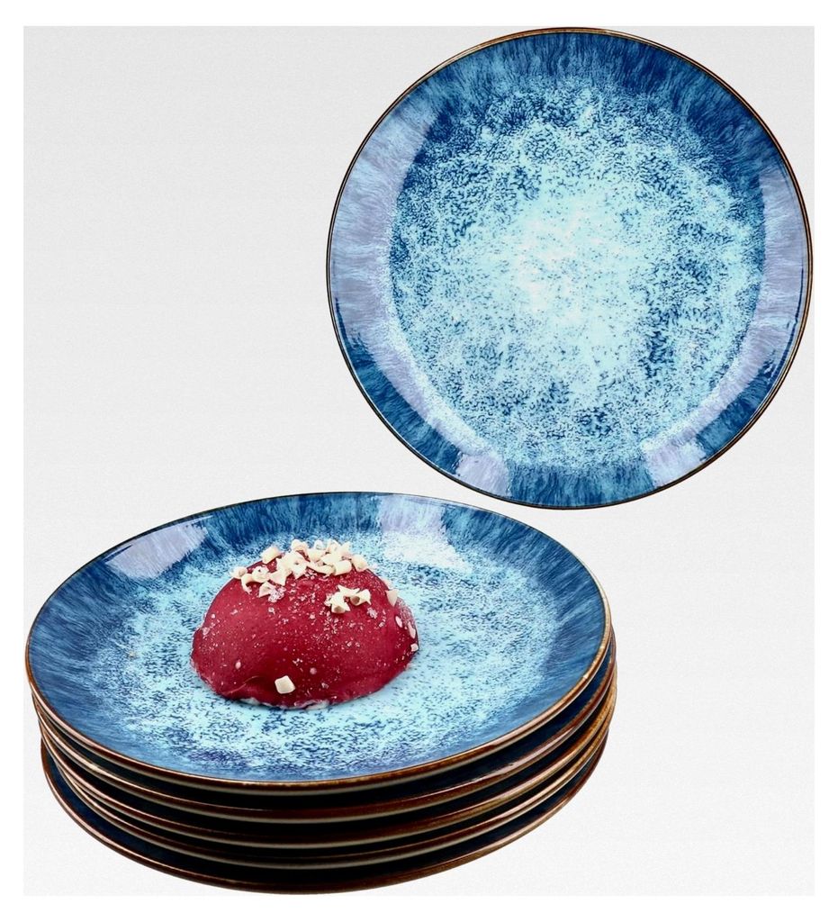 Marina 6er Set Kuchenteller aus blauem Porzellan mit maritimem Design für 6 Personen