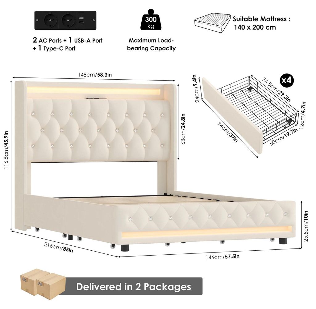Polsterbett - Doppelbett 140x200 cm - LED-Beleuchtung - Stauraum mit 4 Schubladen - USB-Ladestation - Samtbezug - Holz-Bettgestell - Weiß
