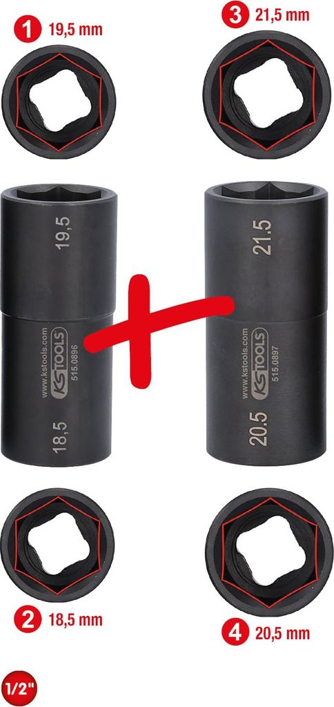 A collage of images showing different sizes of specialized aluminum wheel impact sockets, with measurements and brand logos.
