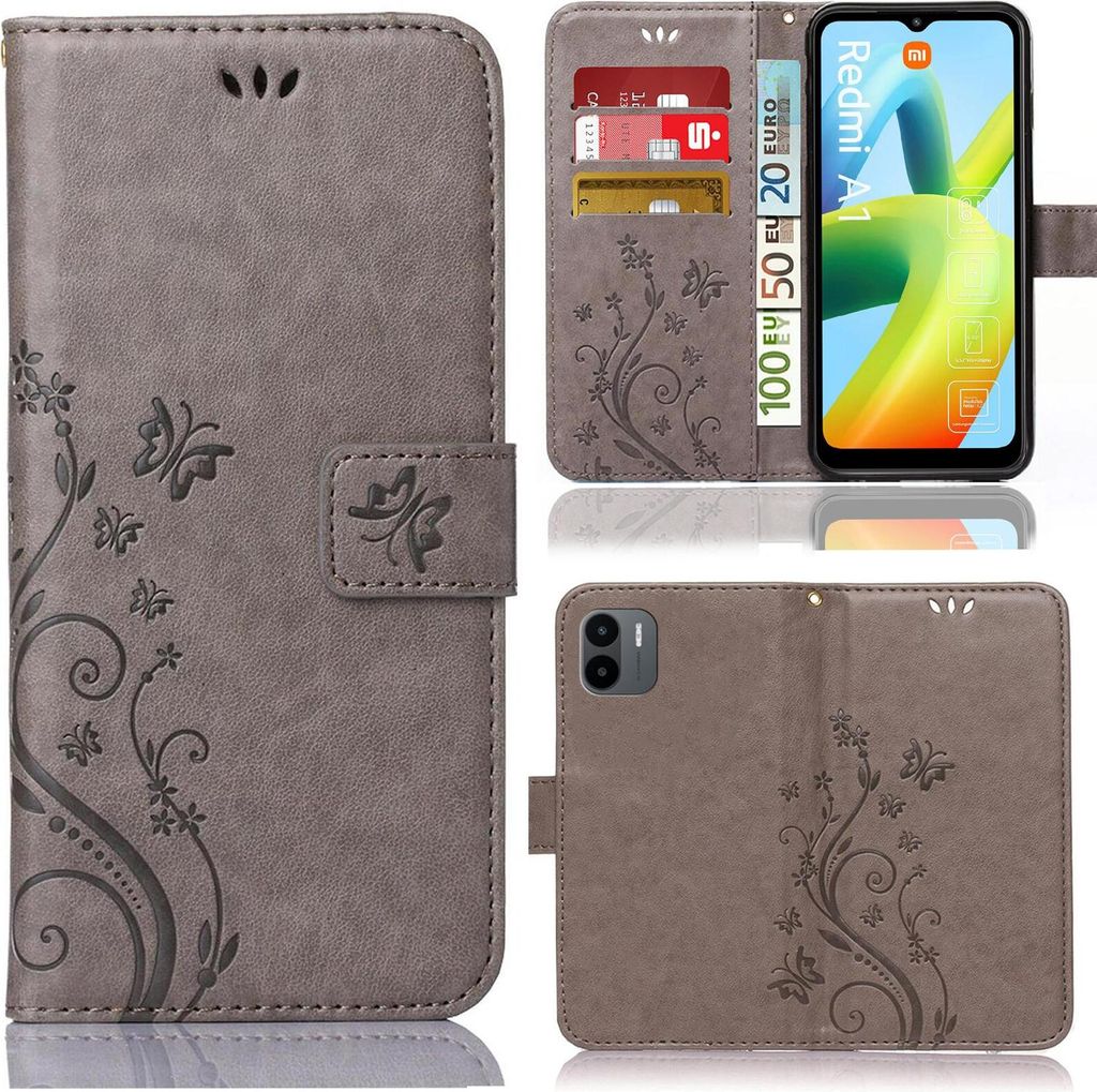 Handy Tasche für Xiaomi Redmi A1 Schutz Hülle Handyhülle mit Blumenmuster Klapp Hülle mit Standfunktion und Kartenfächer Grau