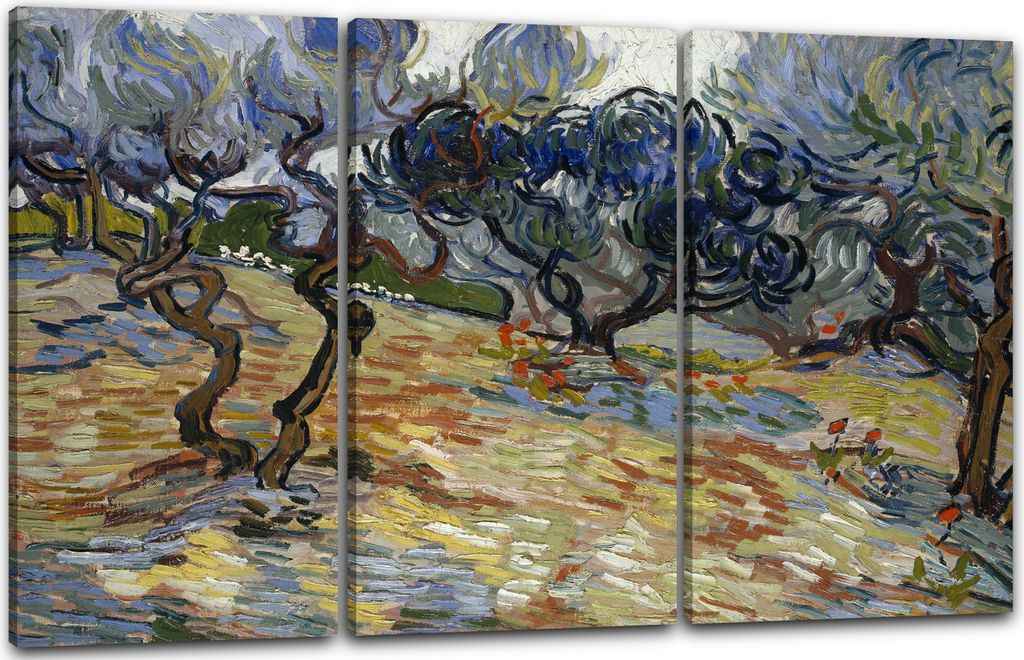 Leinwandbild 3-teilig (120x80cm): Vincent van Gogh - Oliven-Bäume, echter Holz-Keilrahmen inkl. Aufhänger, handgefertigt in Deutschland