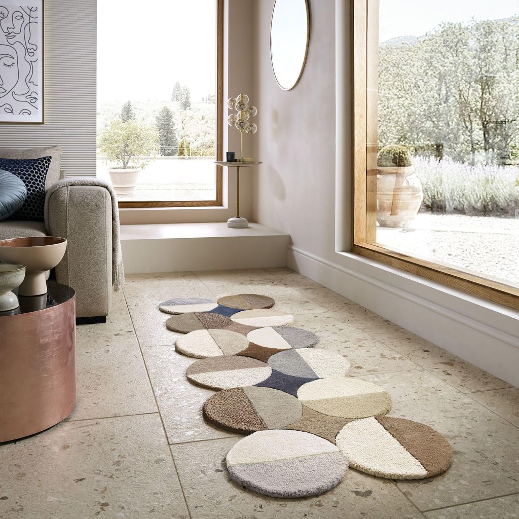 Wollteppich Kreis Wellenform, Wohnzimmer Beige-Braun Läufer 80x230 | 100% Wolle, Rücken aus 75% Baumwolle, 25% Polyester | Florhöhe: 12 cm | Han...