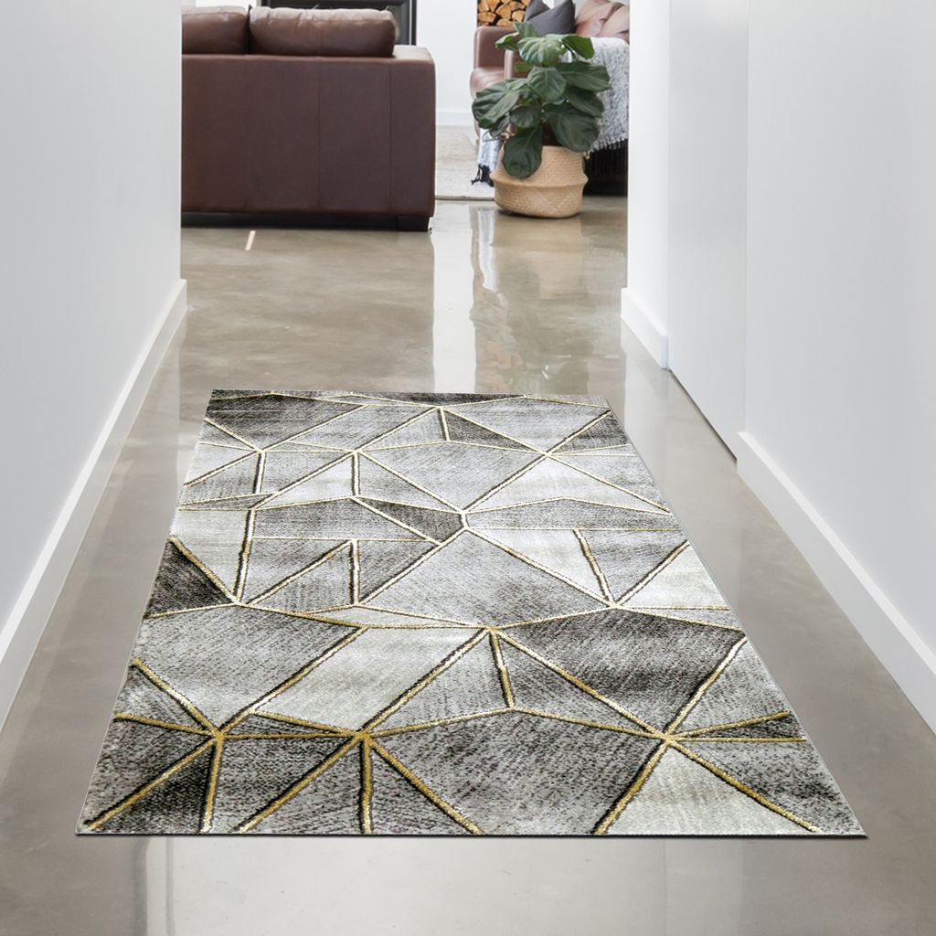 Teppich Wohnzimmer Designerteppich geometrisches Muster grau gold Größe - 60x110 cm