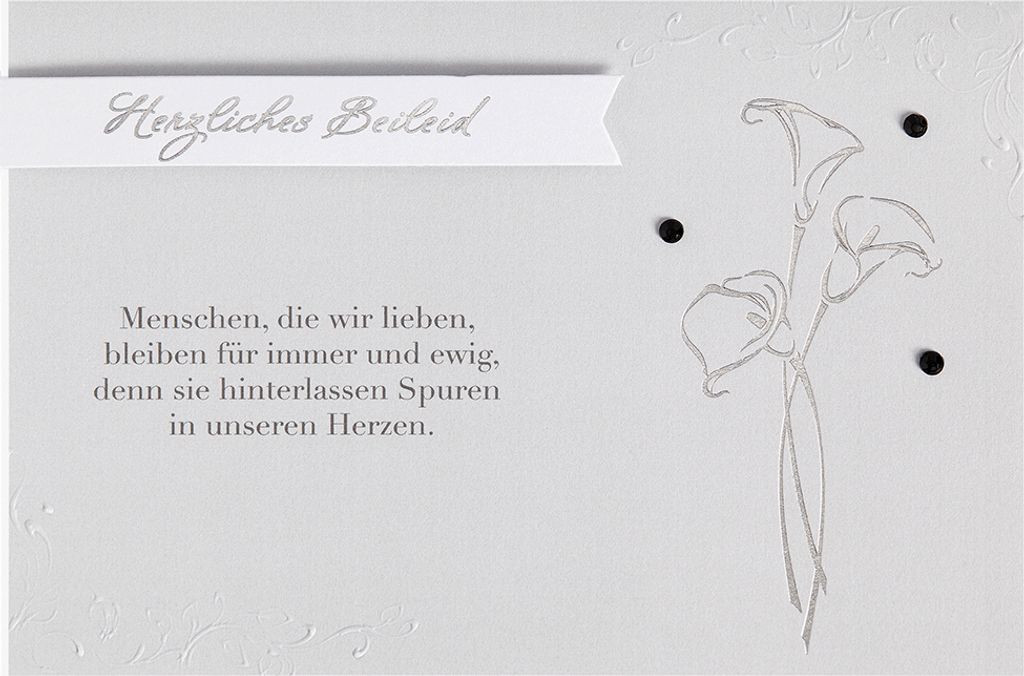 Trauer Beileid Kondolenz Karte mit Umschlag, unverpackt, Herzliches Beileid Blumen silberne Metallicfolie