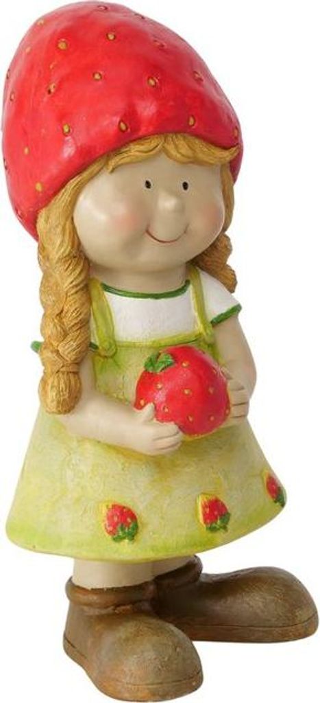 A figurine of a girl dressed as a strawberry, holding a strawberry.