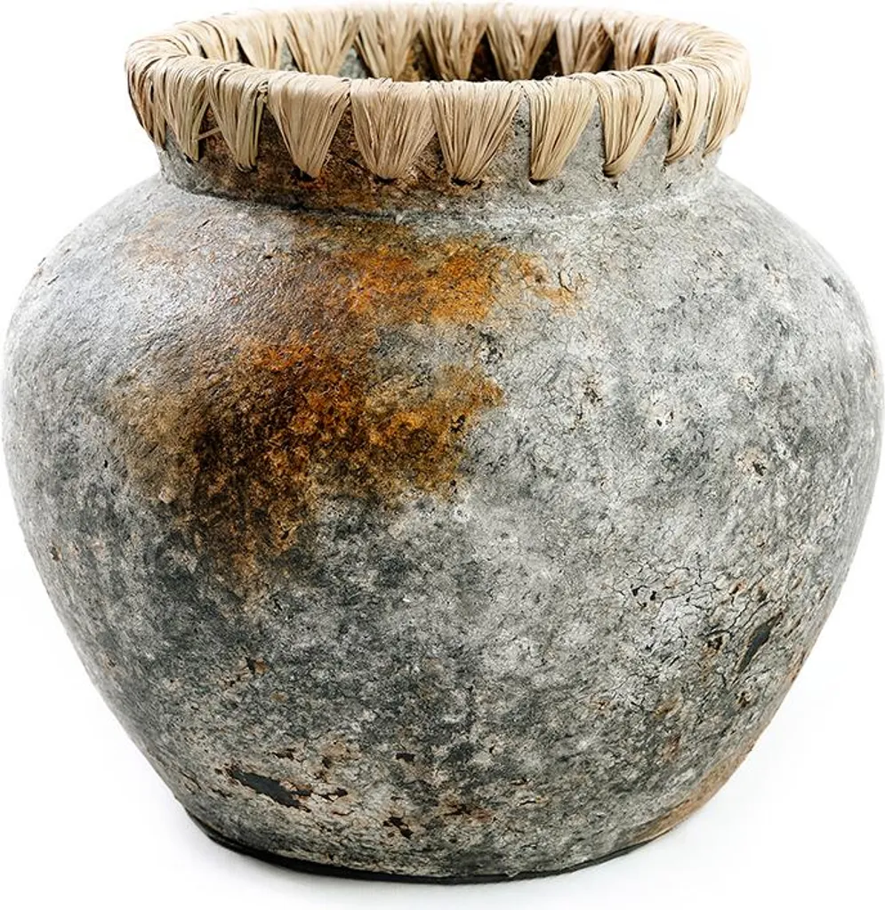Grand Vase Décoratif en Terre Cuite Grise et Raphia Style Ethnique Chic