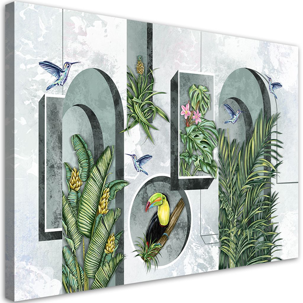 Leinwandbild Formen in der Wand mit Pflanzen und Vögeln Tukan Kolibri 60x40 Feeby Silber bild für die wand bereit zum aufhängen