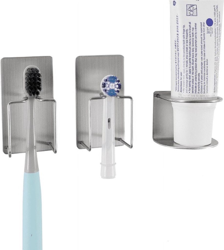Set aus 2 x selbstklebenden Zahnbürstenhaltern und 1 x Produktbild 