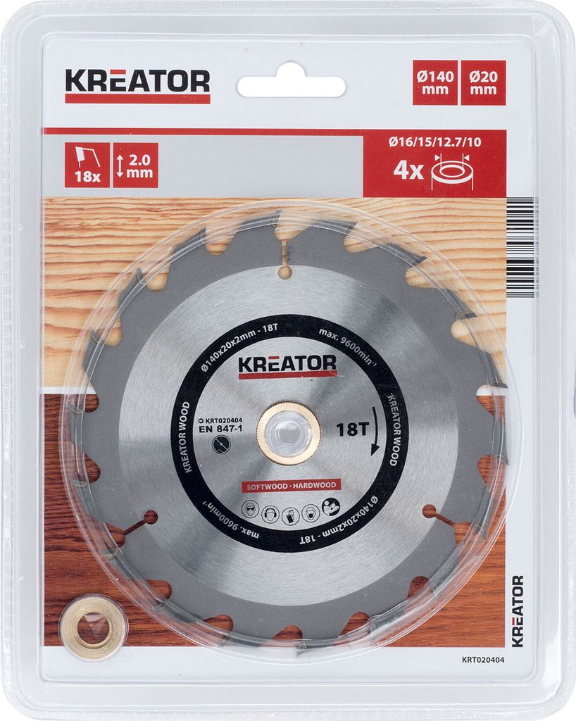Kreissägeblatt Ø 140 x 20 x 2 mm 18 Zähne Holzsägeblatt + 4 Reduzierringe
