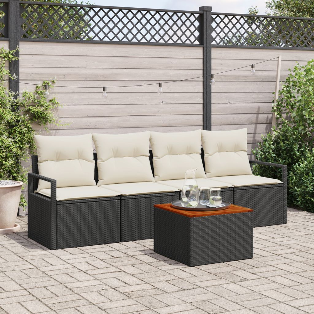 Desgin 5-teiliges Garten-Sofa-Set mit Kissen Schwarz Poly-Rattan Akazie - Gartensofas 3356304