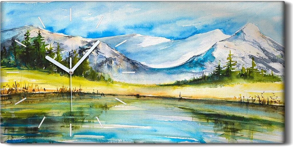 Leinwand Uhr Küche Wohnzimmer Bild 60x30 Gemälde See Berg Wald Bäume Landschaft - weiße Hände