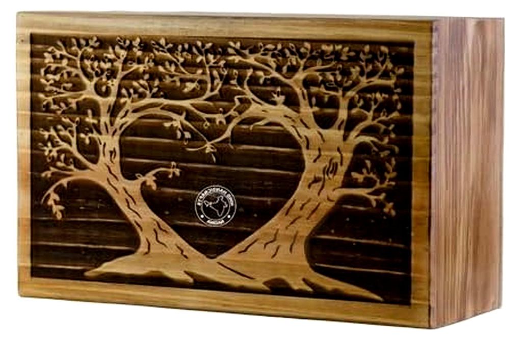 Holzkiste für Beerdigungen - Urne für menschliche Asche - Baum des Lebens mit fliegendem Vogel (180 Kubikzoll, Zwillingsbaum - Herz)
