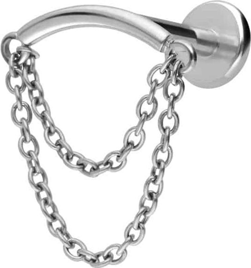 Ohrpiercing, Nasenpiercing Titan Labret mit Innengewinde BOGEN + 2 KETTEN Silber Stablänge: 7mm | Stabstärke: 1,2mm