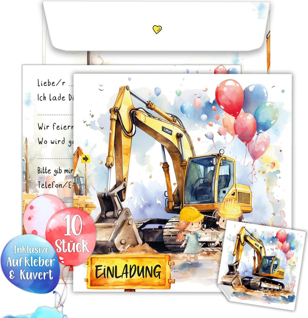Bagger Einladungskarten Kindergeburtstag Junge | XXL Bauarbeiter Geburtstagseinladungen jungen 15 x 15 cm | 10er Set mit Umschlägen & Stickern | E...