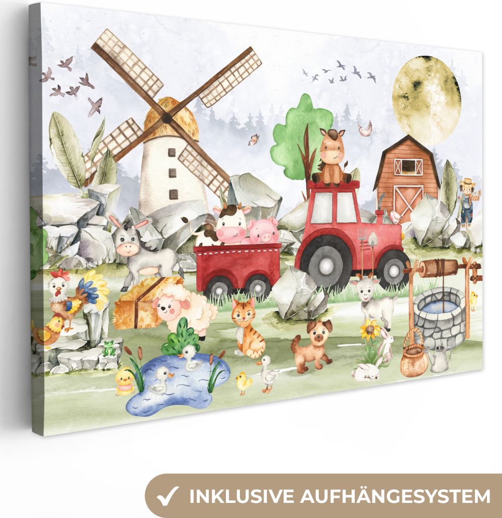 MuchoWow - Leinwandbilder - Bauernhof - Traktor - Kinder - Tiere, Wandbild, Wanddeko Bilder Wohnzimmer, 90x60 cm