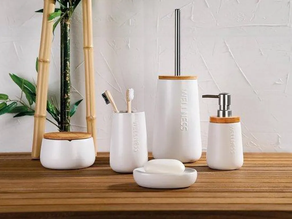 Ensemble brosse WC sur pied sans perçage avec finition bambou et gris
