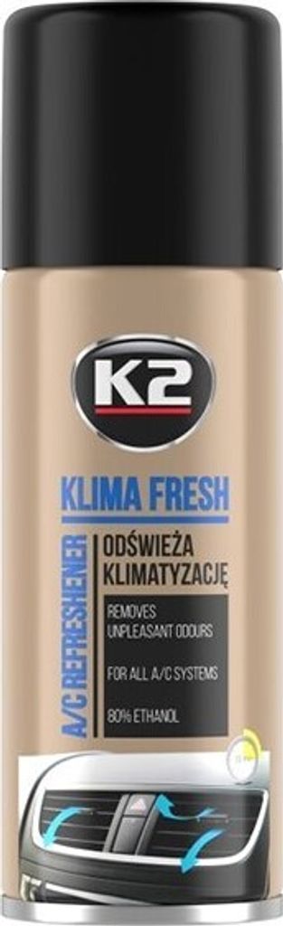 A product shot of a K2 Klima Fresh air conditioning freshener spray can.