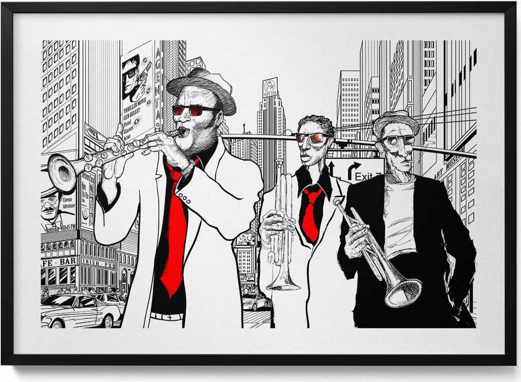 Jazzband– Wandbild mit Rahmen – Gerahmtes Bild – Wanddekoration – 100x70 cm – Schwarz Rahmen
