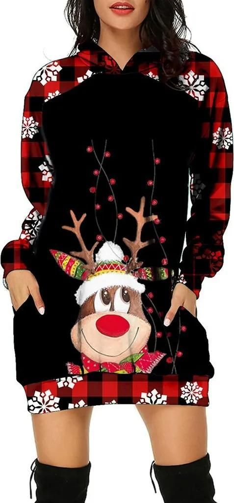 ASKSA Damen Rentier Print Kapuzenpullover Winter Langarm Hoodie Pullover Kleid Pulli Weihnachtskleid, G-Schwarz, L